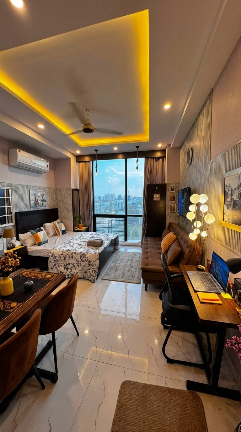 Inside a live Aangan short-term rental — workspace and city view at dusk