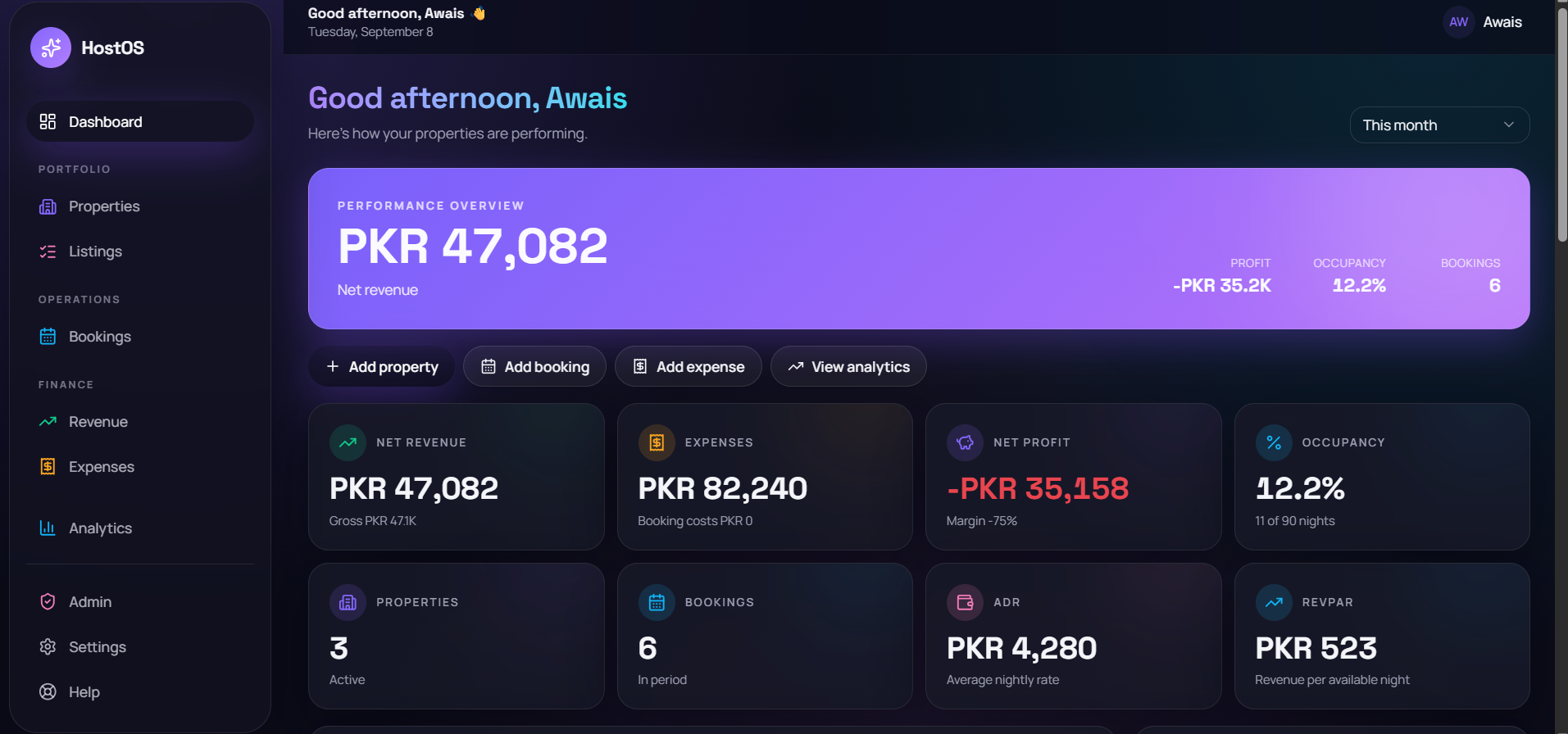HostPro operating dashboard showing portfolio performance